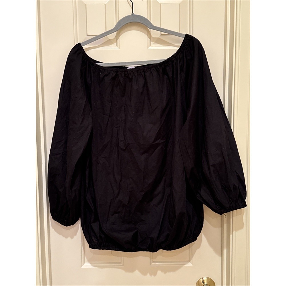 Large Peasant Top Black Cotton Round Neck Elastic Hem Boho Cottage Old Money